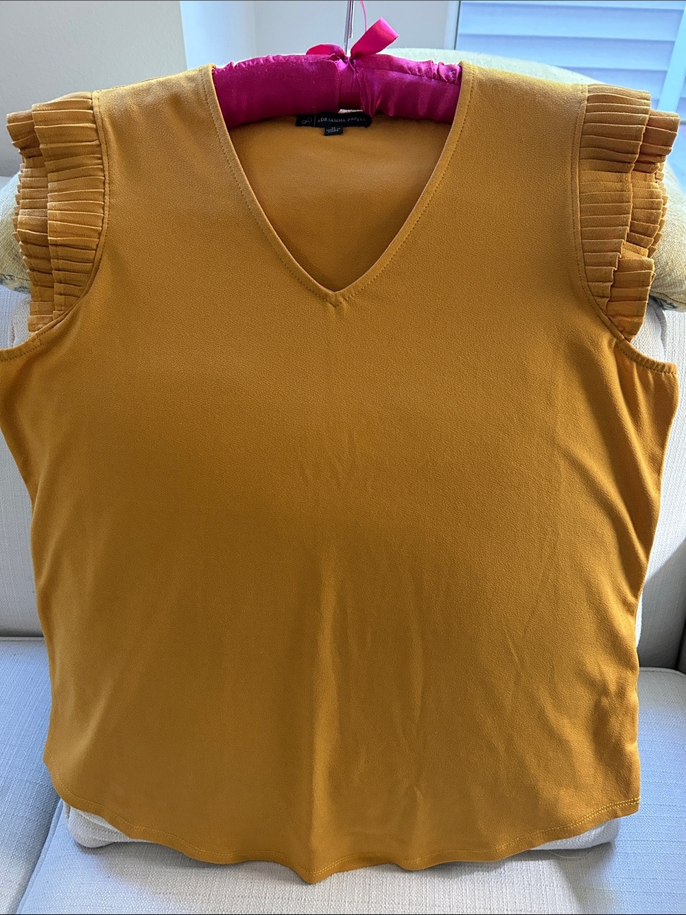 Adrianna Papell Mustard V-Neck Sleeveless Top with Pleated Ruffle Shoulders